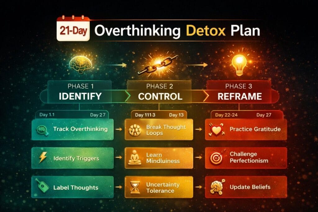 21 day overthinking detox plan timeline showing awareness, cognitive interruption and identity shift phases