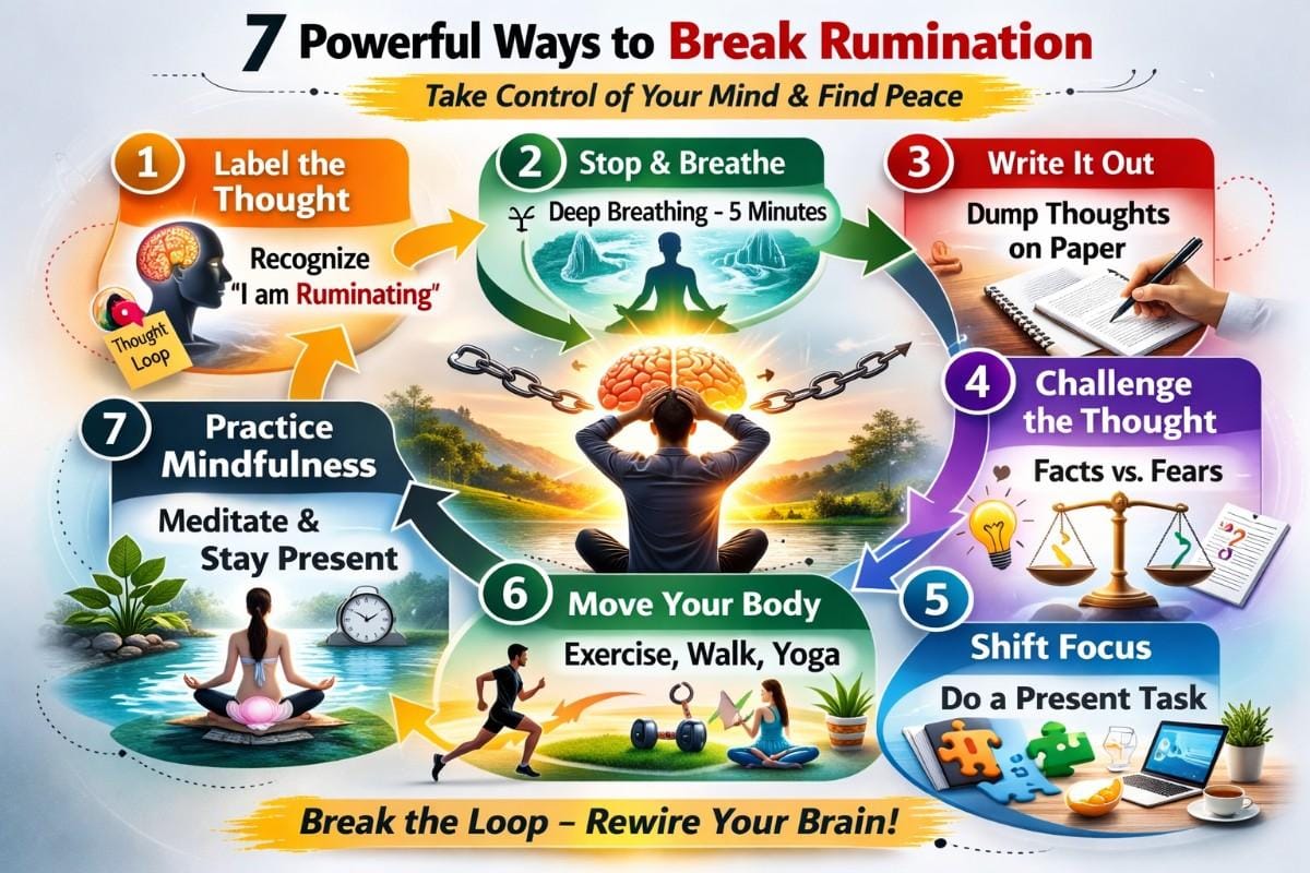 Infographic showing 7 science-backed steps to stop rumination including labeling thoughts, breathing, journaling, reframing, shifting focus, movement, and mindfulness practice.