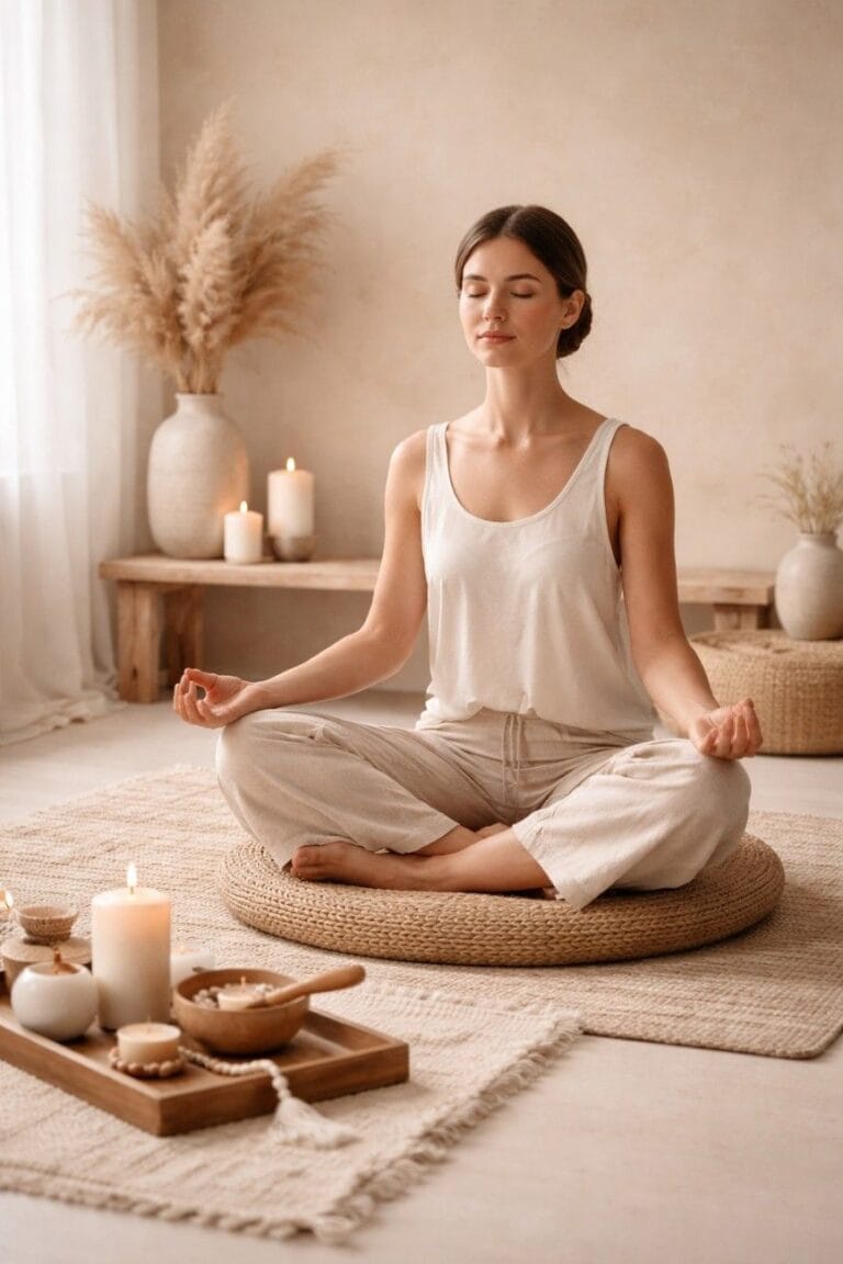 Soft beige professional meditation image for wellness and nervous system healing website