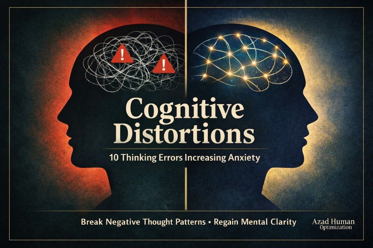 Cognitive distortions visual showing chaotic vs calm brain states that increase anxiety and overthinking