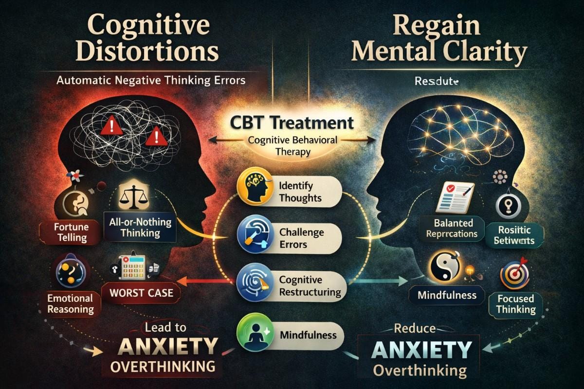 Cognitive distortions comparison image illustrating distorted thinking patterns and mental clarity transformation
