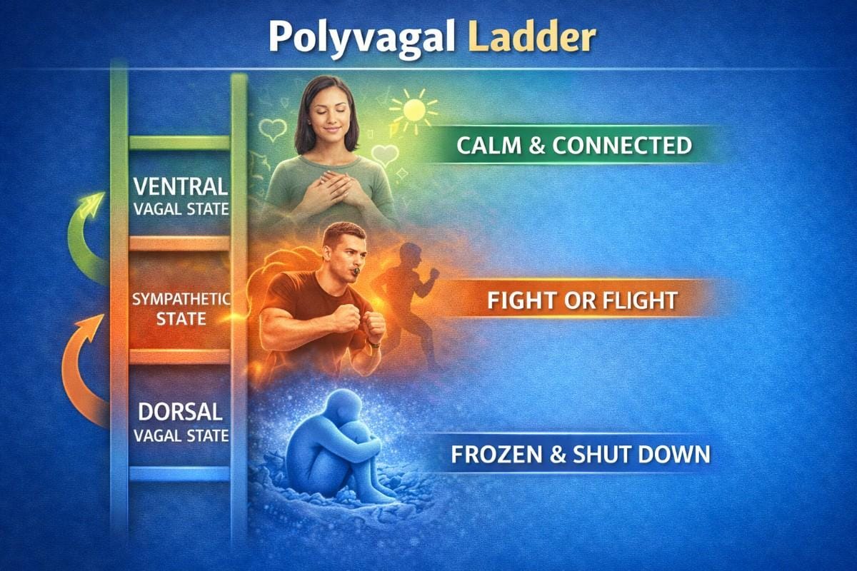 polyvagal ladder diagram showing ventral vagal, sympathetic fight or flight and dorsal vagal shutdown nervous system states