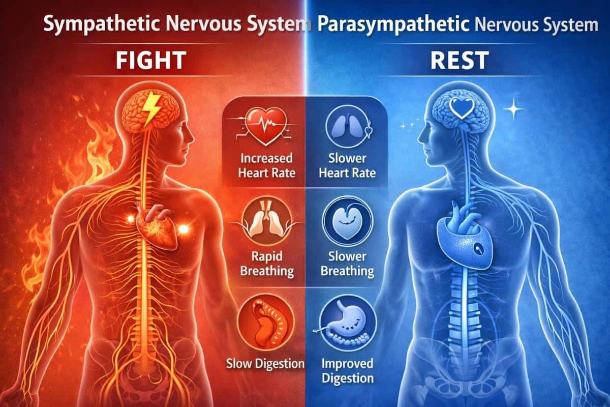 sympathetic vs parasympathetic nervous system comparison chart showing fight or flight and rest and digest responses