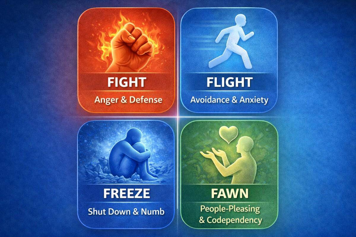 fight flight freeze fawn trauma response diagram showing nervous system survival responses to stress