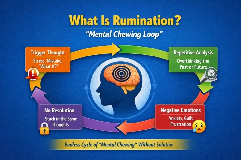 Infographic showing the rumination cycle including trigger thoughts, repetitive overthinking, negative emotions, and no resolution loop.
