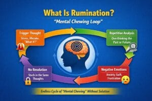 Infographic showing the rumination cycle including trigger thoughts, repetitive overthinking, negative emotions, and no resolution loop.