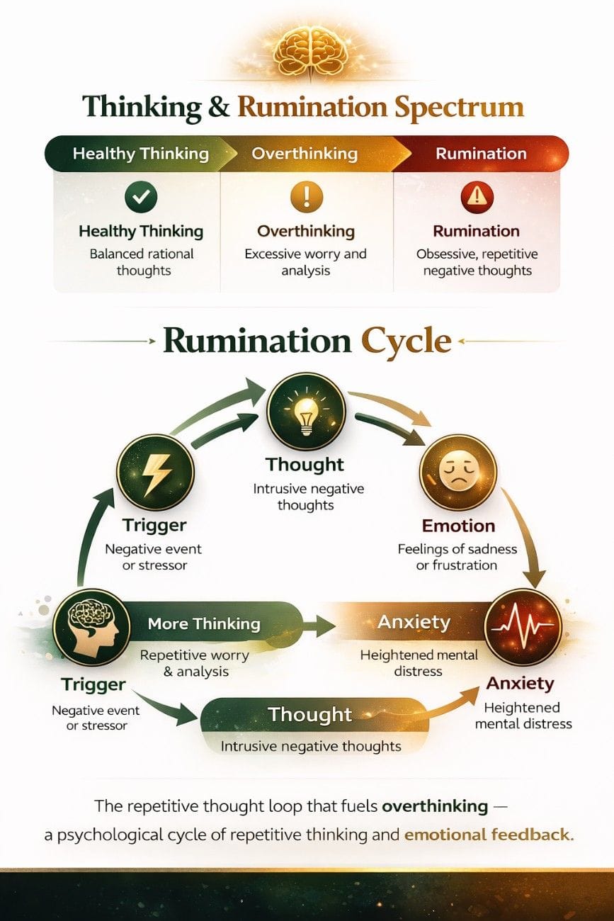 Rumination cycle infographic showing trigger, intrusive thoughts, emotion and anxiety loop in overthinking