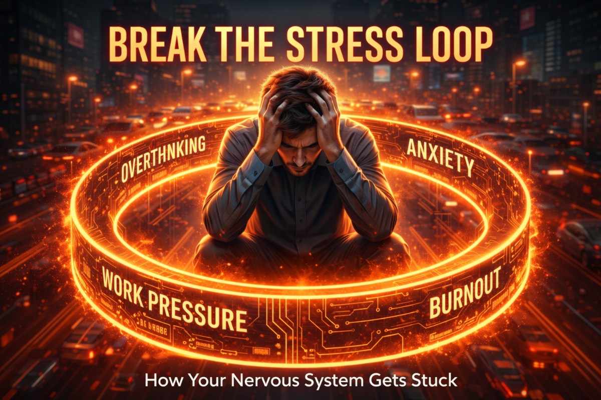 Illustration showing a stressed person trapped in a stress loop and practicing vagus nerve exercise for anxiety to calm the nervous system