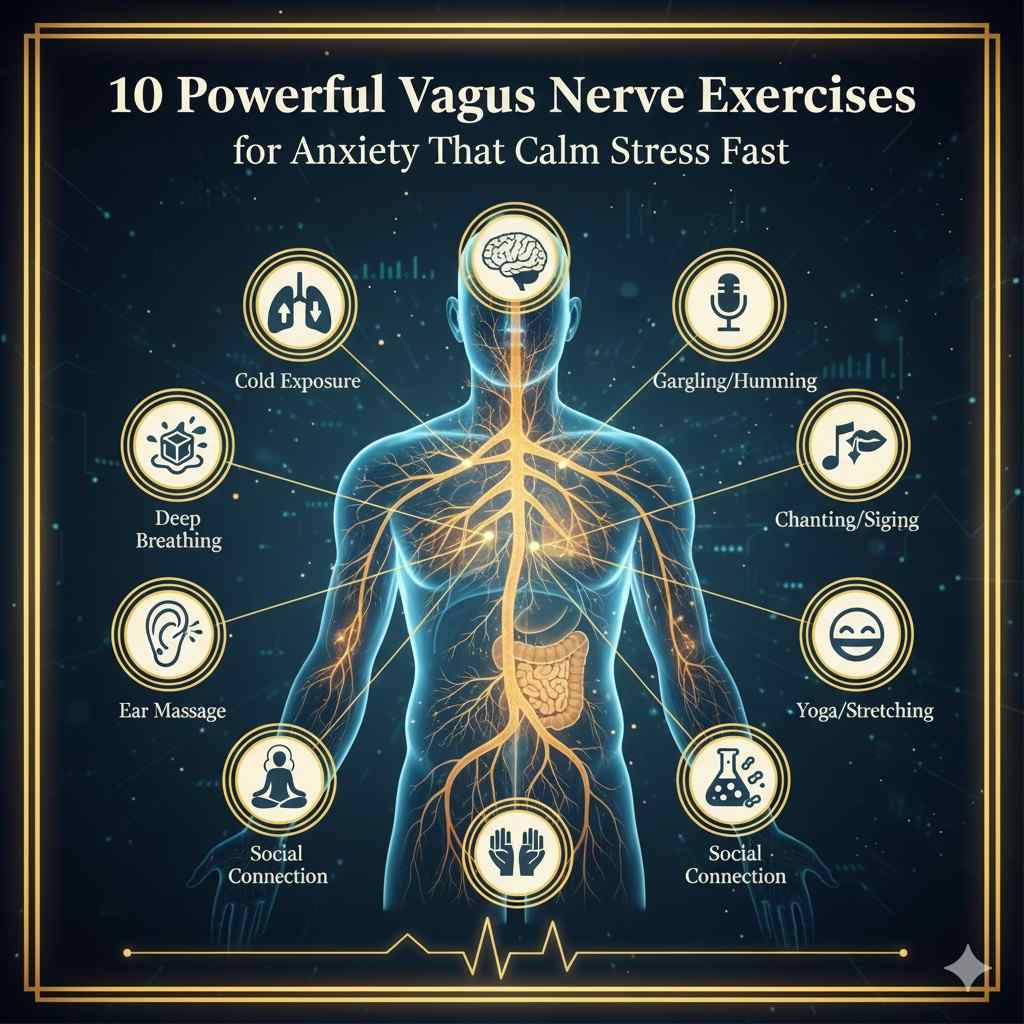 Infographic showing 10 vagus nerve exercise for anxiety such as deep breathing, humming, meditation, yoga, and cold exposure to calm the nervous system.