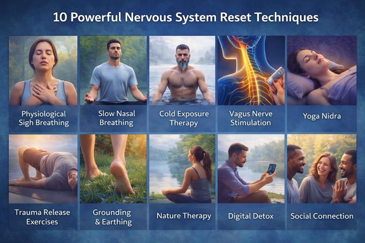 Autonomic nervous system reset techniques infographic showing breathing, vagus nerve stimulation, grounding and stress recovery methods
