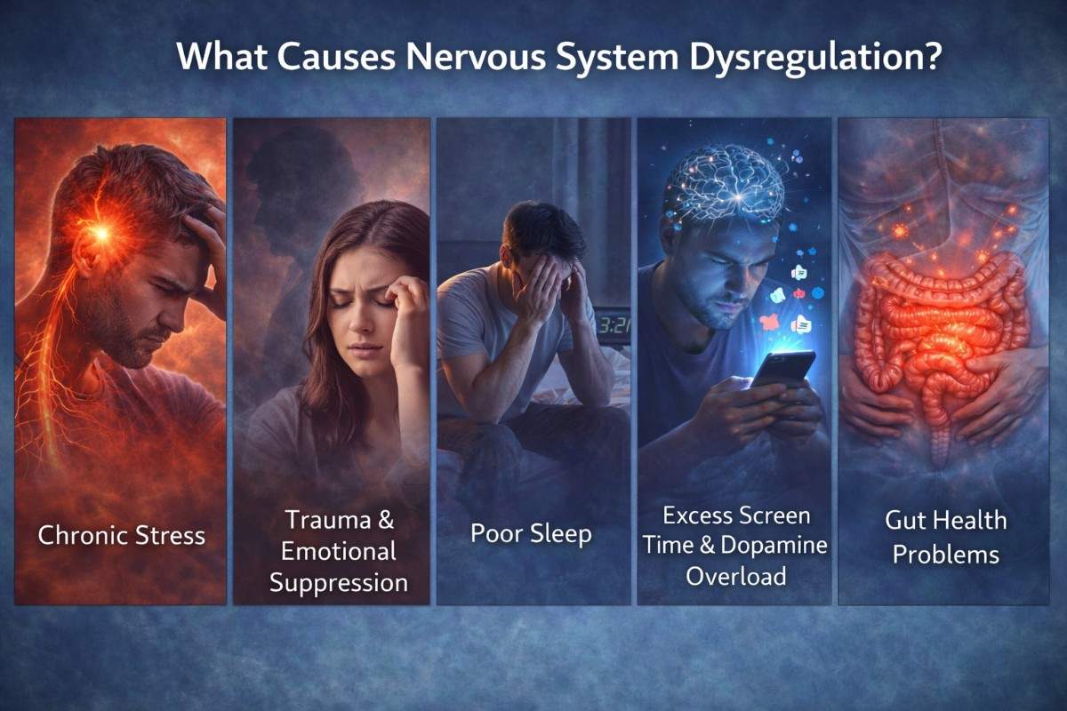 What causes nervous system dysregulation infographic explaining autonomic nervous system reset triggers like chronic stress, poor sleep, trauma and gut health problems