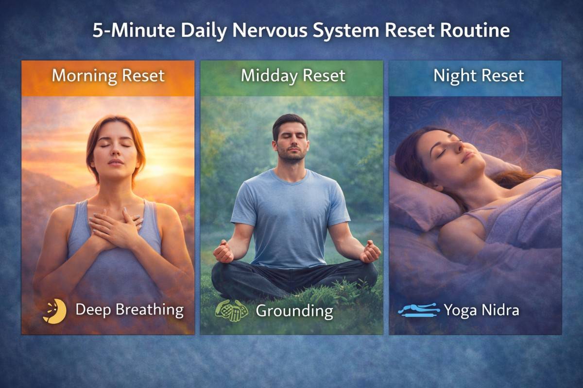 5 minute daily autonomic nervous system reset routine infographic showing morning reset, midday reset and night reset techniques