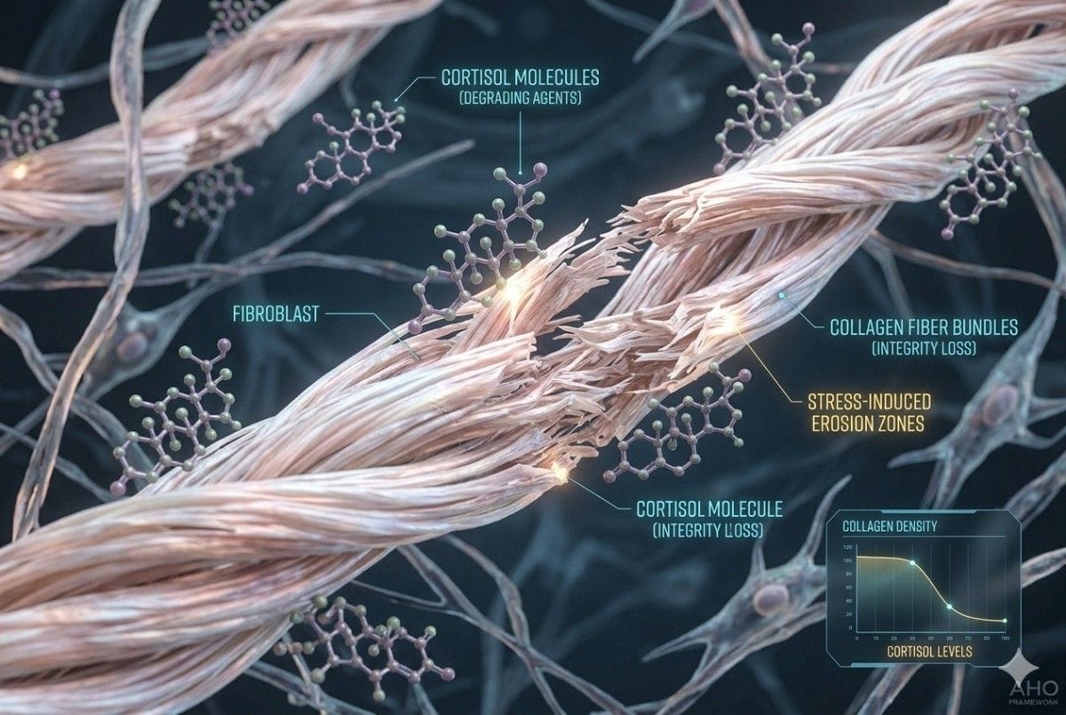A professional 3D medical render visualizing a microscopic cellular environment where intricate cortisol molecules, stylized in muted purple and green hexagonal chemical structures, are actively attaching to and degrading thick, fibrous bundles of skin collagen fibers. The collagen fibers appear visibly etched, frayed, and weakened at the points of contact, with glowing stress points indicating damage. The aesthetic is clean cyber-scientific with a dark biological matrix background and soft bokeh depth of field. A subtle 'AHO FRAMEWORK' logo is in the corner.