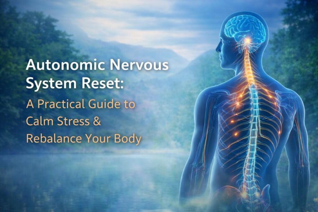 Autonomic nervous system reset illustration showing vagus nerve activation and nervous system regulation for stress relief and body balance