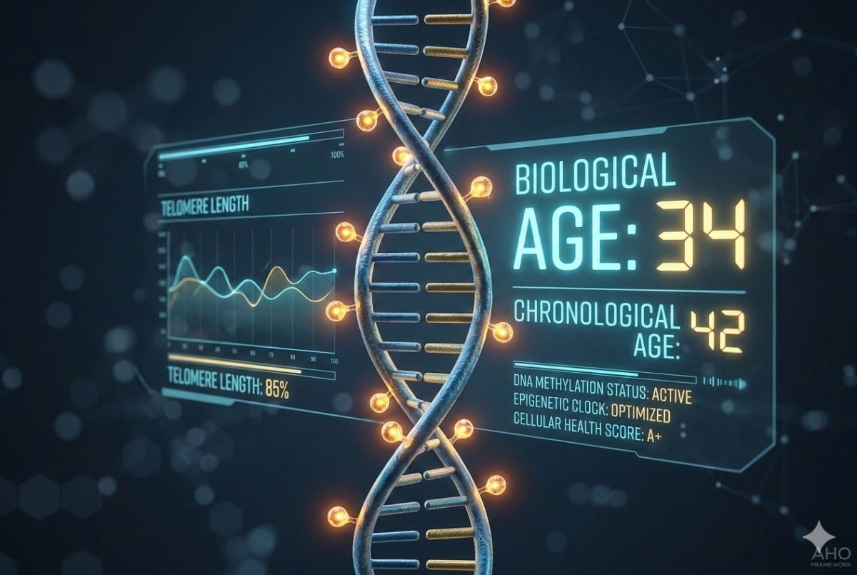 A high-resolution scientific visualization of a human DNA double helix, featuring glowing amber epigenetic methylation markers. The helix is integrated with a futuristic holographic digital interface displaying a comparative clock, contrasting a 'CHRONOLOGICAL AGE: 42' with a calculated 'BIOLOGICAL AGE: 34'. This image illustrates how optimized lifestyle and biological management influence the aging process. The aesthetic is clean cyber-scientific with a calm, authoritative tone, suitable for medical-grade longevity content.