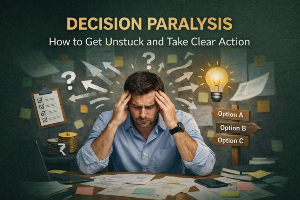 Decision Paralysis concept showing overwhelmed person struggling with multiple options and overthinking