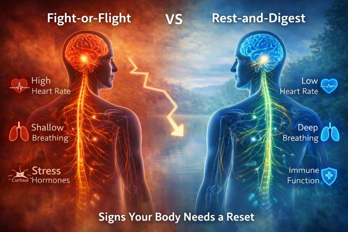 Autonomic nervous system reset diagram showing fight-or-flight vs rest-and-digest response and signs your body needs a reset