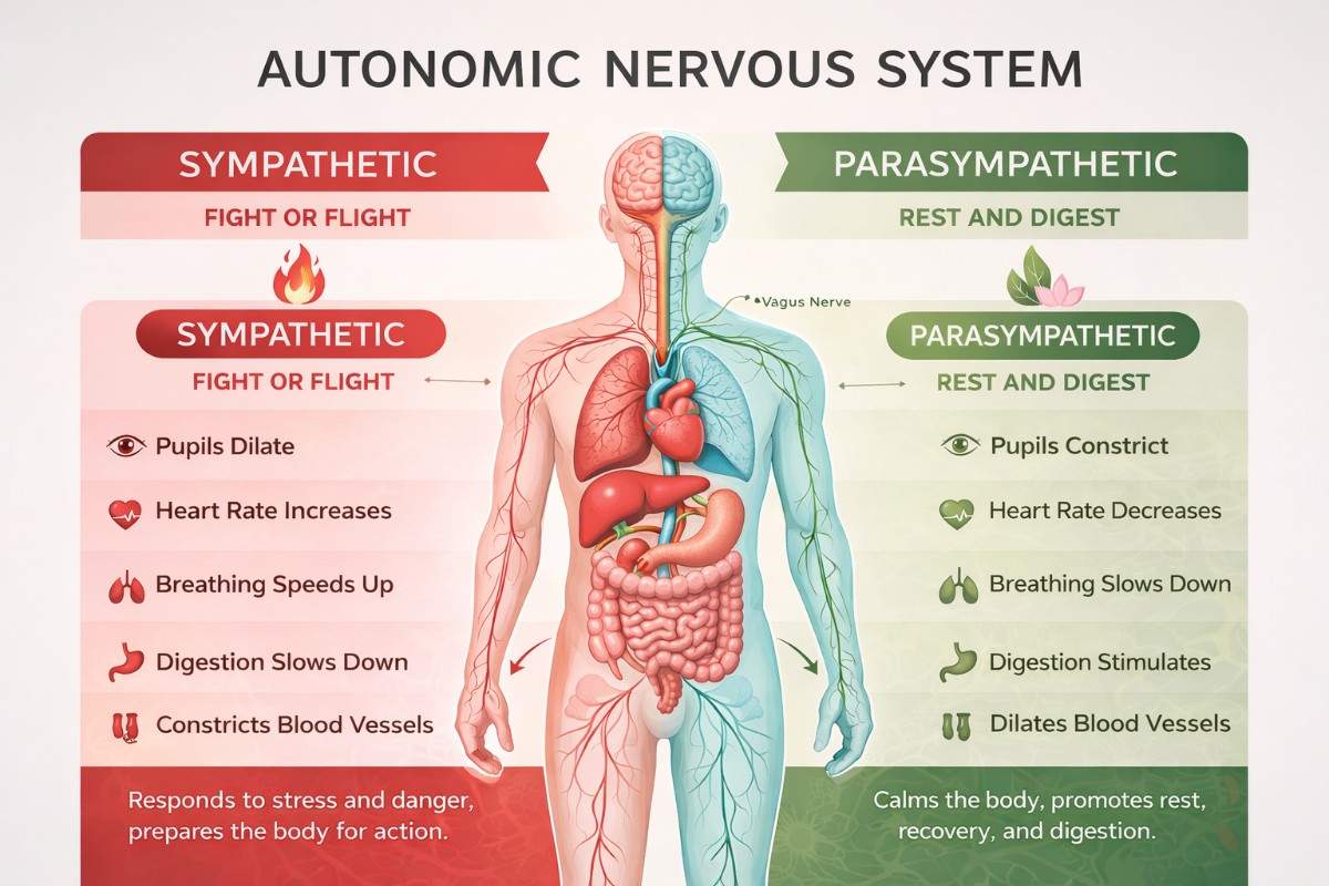 Nervous system dysregulation diagram showing sympathetic fight or flight and parasympathetic rest and digest systems