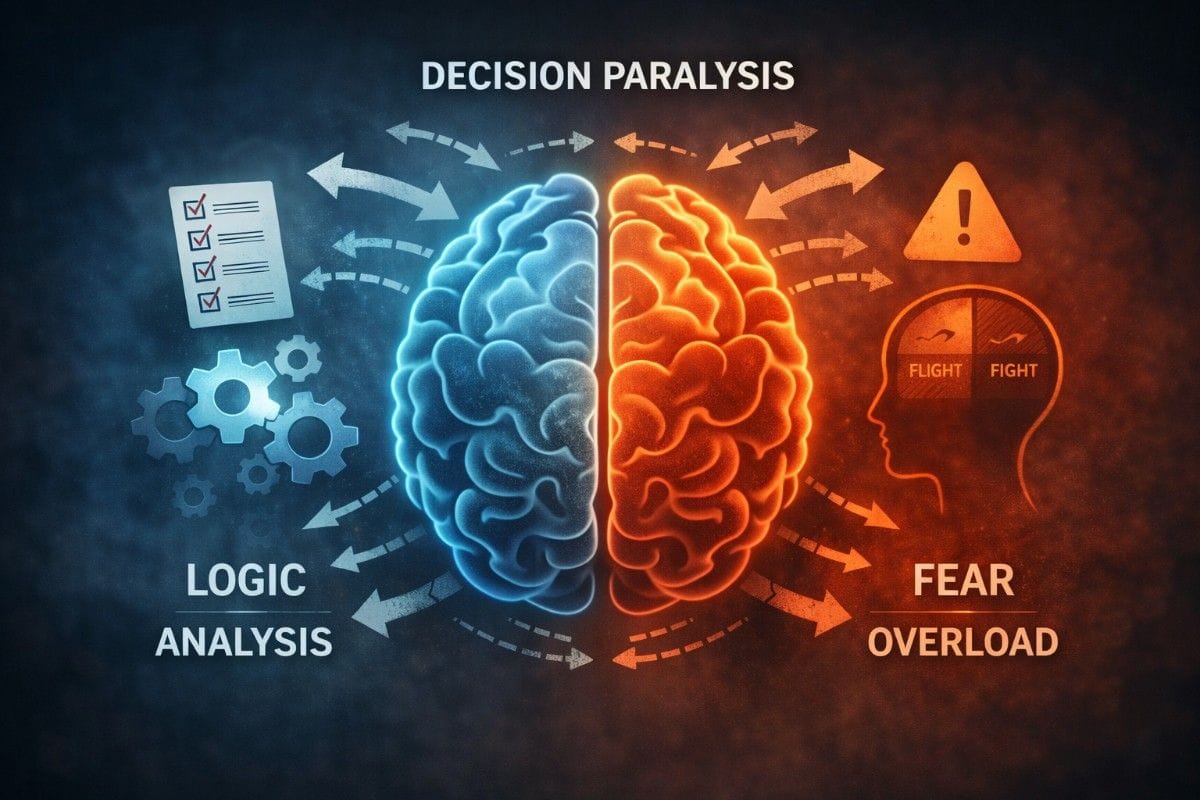 Brain illustration explaining psychology behind decision paralysis and over-analysis
