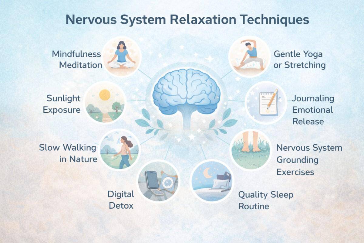 infographic showing nervous system relaxation techniques like breathing meditation nature walk and sleep for central nervous system rest
