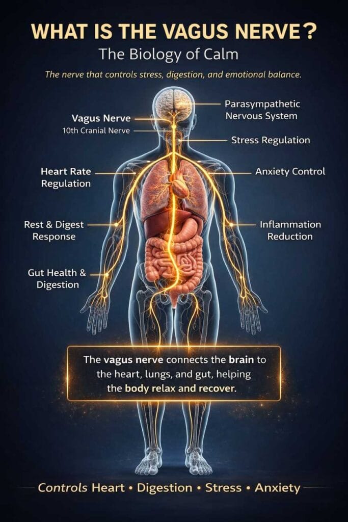 Anatomical diagram explaining the vagus nerve and how vagus nerve exercise for anxiety helps calm the nervous system and regulate stress and digestion.